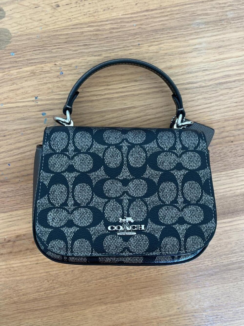 Coach Mini Signature Canvas Top Handle Flap Bag Black Smoke Silver Hardware